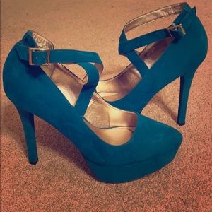Suede teal strappy heels